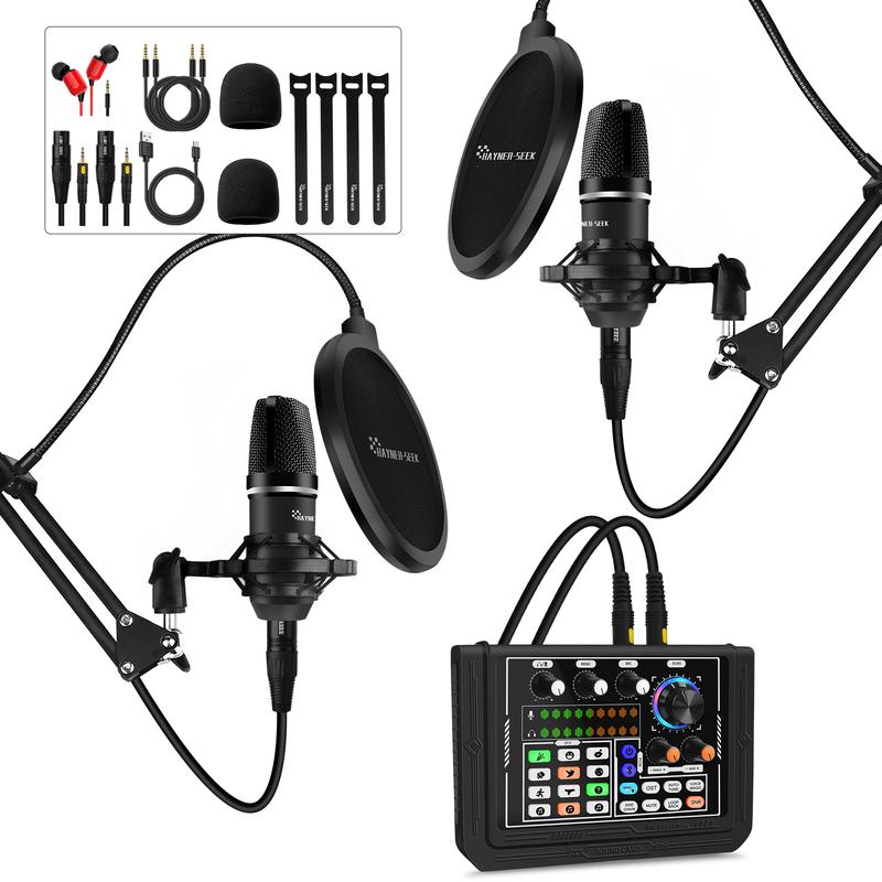 Hayner-Seek Podcast Equipment Bundle, DJ Mixer Sound Mixer with 3.5mm Mic Audio Interface Audio Mixer for Live Streaming Gaming Recording Singing PC Smartphone Tablet