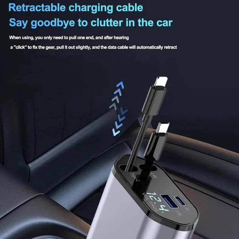 Portable Charger for Car, USB PD Retractable Car Charger for iPhone Android, Multi-functional Car Phone Charger with Digital Display, 4 In 1 Car Charger, Car Charging Station with Retractable Cable, Universal Car Charger