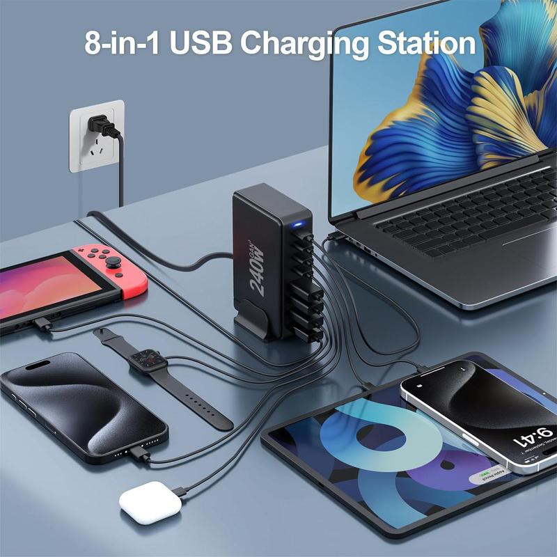 240W USB C Desktop Charging Station, 8 Ports PD 3.0 USB C Fast Charger Block for Cellphone Smartphone, Fast Charger Power Adapter for MacBook Pro Air, DELL, Steam Deck, iPhone, Electronic Mobile Phone Accessories