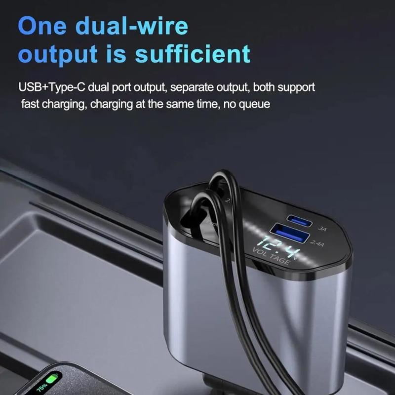 Portable Charger for Car, USB PD Retractable Car Charger for iPhone Android, Multi-functional Car Phone Charger with Digital Display, 4 In 1 Car Charger, Car Charging Station with Retractable Cable, Universal Car Charger