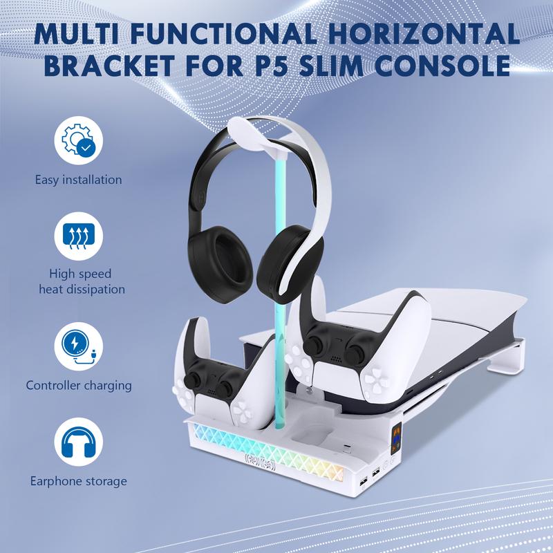 Horizontal Cooling Stand for PS5 Slim Console Disc & Digital Editions, PS5 Slim Expand Accessory with RGB Light, PS5 Slim Cooling Station, White