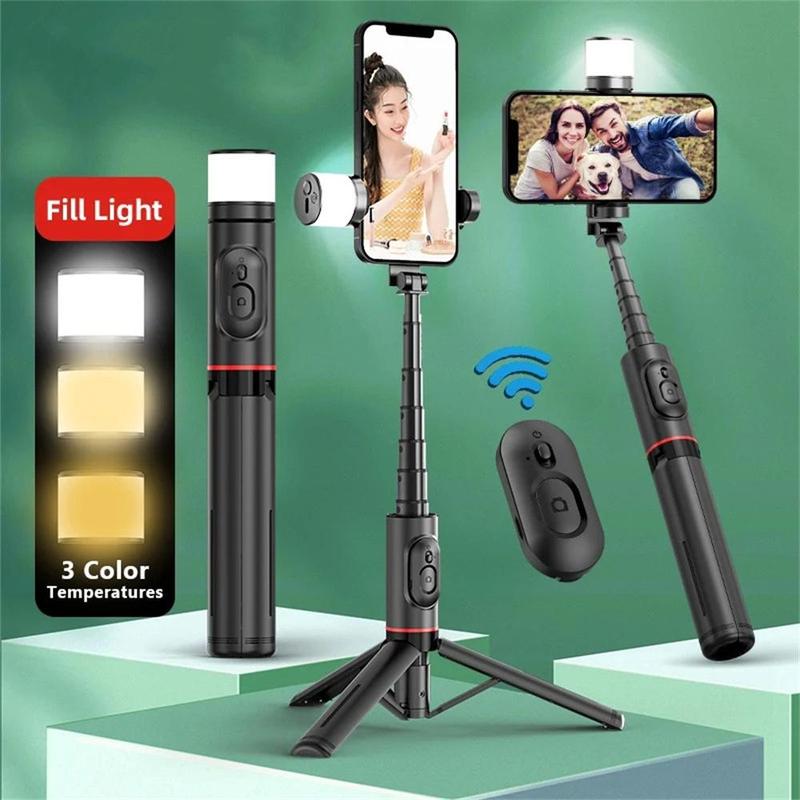 Portable Wireless BT Phone Selfie Stick Tripod with Fill Light, Retractable Phone Tripod with Remote Control, Suitable for Huawei iPhone Android Phone