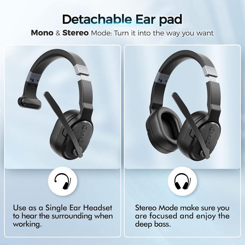 Trucker Bluetooth Headset, Wireless Headsets with Noise Cancelling Microphone, 40+Hrs HD Talktime Bluetooth Headphones with Detachable Earpad Single+Dual Mode for Office Driving Home