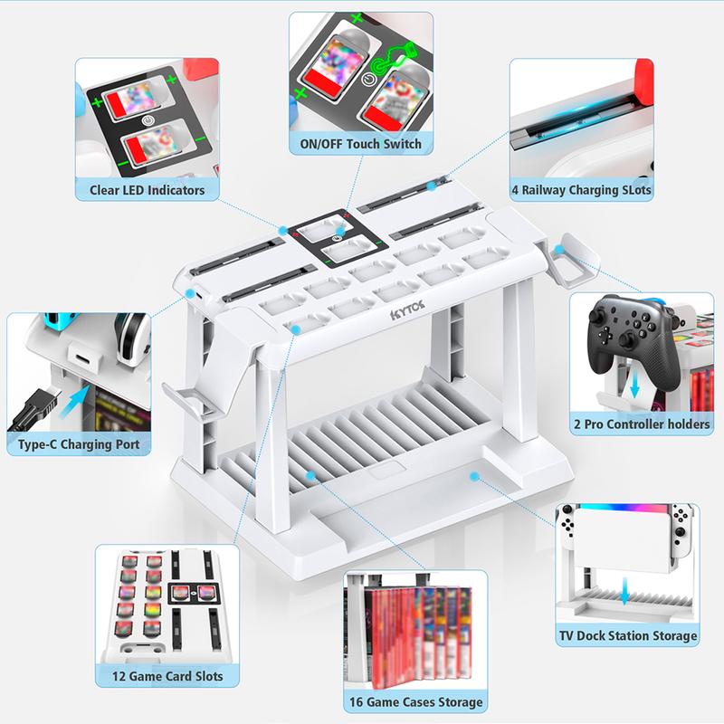 Switch Games Organizer Station with Controller Charger, Charging Dock for Switch & OLED Joycons, Switch Mounts, Brackets & Stands for Games, TV Dock, Pro Controller, Accessories Kit Storage