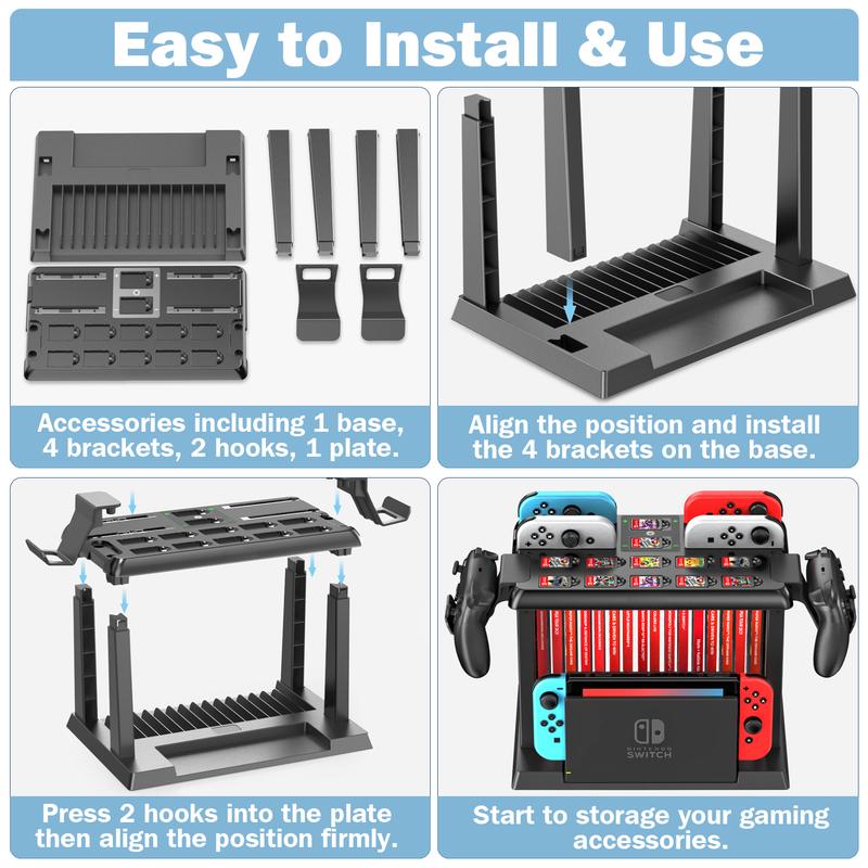 Switch Games Organizer Station with Controller Charger, Charging Dock for Switch & OLED Joycons, Switch Mounts, Brackets & Stands for Games, TV Dock, Pro Controller, Accessories Kit Storage