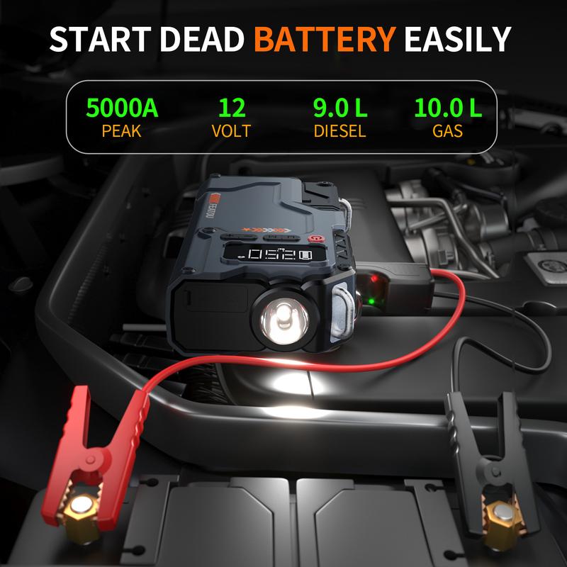 5000A Jump Starter with Air Compressor,Battery Jumper Starter Portable with 150PSI Tire Inflator 12V Jump Box with LCD Display,Flashlight,Storage Case (Up 10L Gas 9L Diesel Engine