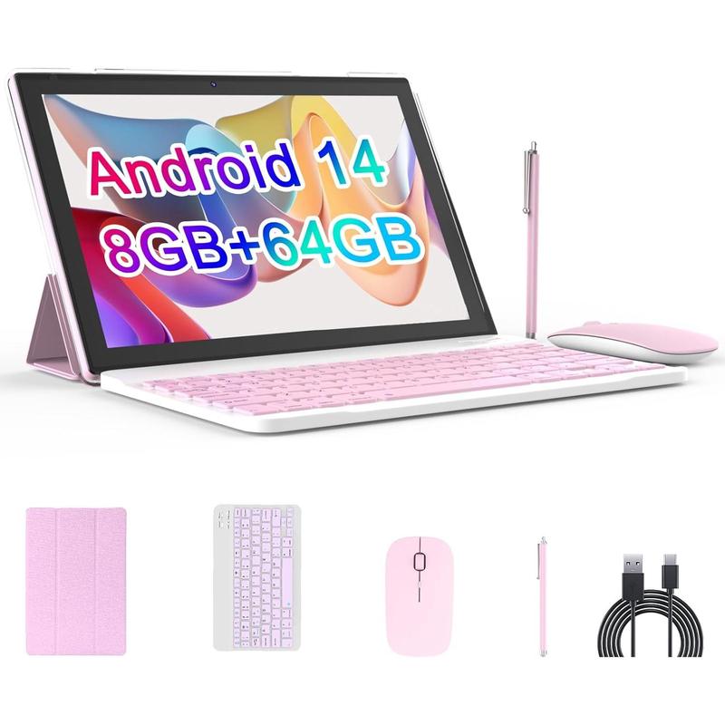 2024 Newest Android 14.0, 10.1 Inch Tablet with Keyboard Case, 8GB+64GB ROM 1TB Expand Tablets, Quad Core, HD Touch Screen, Dual Carema, , 2.4G 5G  6, BT,  GMS Certified