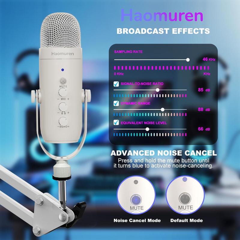 HAOMUREN USB Powered Condenser Microphone with Cantilever Stand, Plug & Play Microphone with Knob & Monitoring Jack, Suitable for Streaming, Podcasting