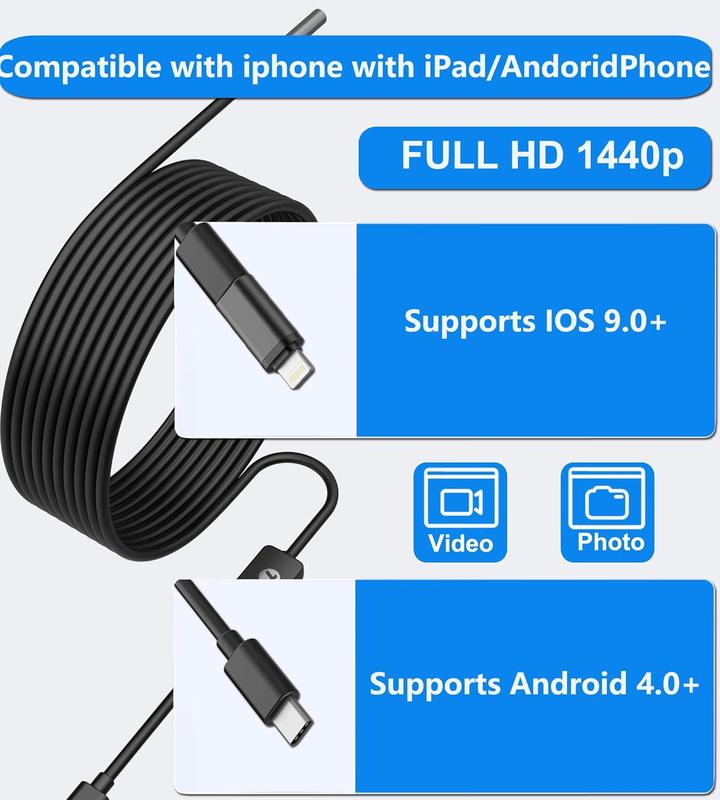 USB C Endoscope for iPhone, OG Android Phone, 5.5 mm Borescope Inspecion Snake Camera Waerproof, 16.4 F Semi-Rigid Cord wih LED Lighs, Compaible wih iOS