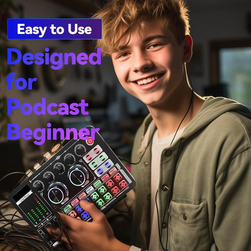 Podcast Sound Board F999 - Music Mixer Board, Audio Mixer for YouTuber Streamer Music Gamer, Audio Interface, Sound Card for PC Mac iPhone, DJ Equipment for Beginners (F999, Standard)