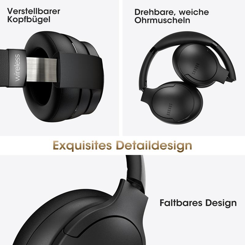 DOQAUS upgraded bluetooth headphones. 90 hours playtime. bluetooth 5.3. Wireless. three EQ modes. built-in HD mic. HiFi stereo sound. Deep bass. Memory foam ear cups. Ideal for phones, PCs, travel, gym, workouts.