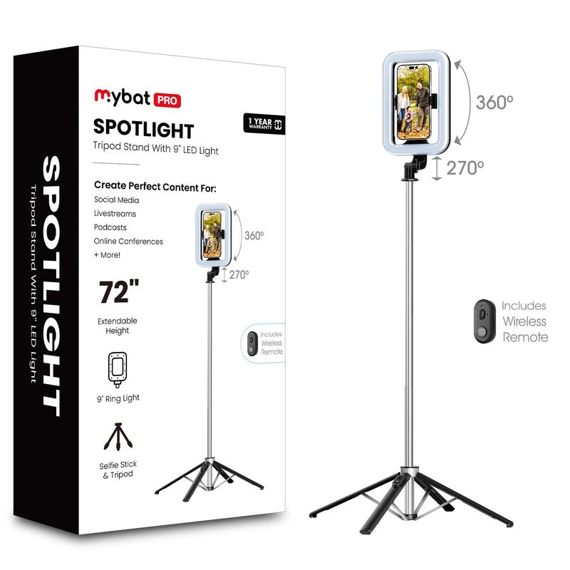 MyBat Pro Selfie Stick, Extendable SpotLight Tripod Stand with 9