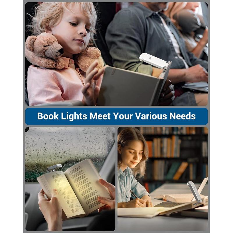 USB Rechargeable Book Light, Warm White, Brightness Adjustable for Eye-Protection, LED Clip on Portable Bookmark Light for Reading in Bed, Car Charging Holder Mobile Plug Smartphones Foldable