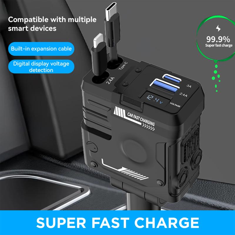 Retractable 4 in 1 Car Charger, Fast Car Charger with Retractable Cables (31.5 inch) and Dual Charging Ports, Compatible with iPhone 15 14 13 12 Pro Max XR,iPad,Samsung,Pixel