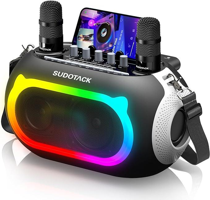 SUDOTACK Karaoke Machine for Adults Kids with 2 Wireless Microphones, Bluetooth PA Speaker System with Echo Bass Treble Adjustment for Home Party, Outdoor, Church, Picnic, Birthday Gifts（Pink White Space Black）