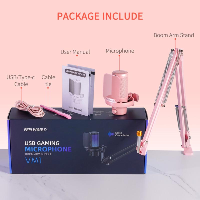 FEELWORLD VM1 Pink Gaming PC USB Microphone Condenser Mic with Boom Arm Stand Noise Cancellation RGB Light Mute, Computer Accessories for Gamer YouTube Twitch Podcast Streaming Recording Chat PS4 PS5