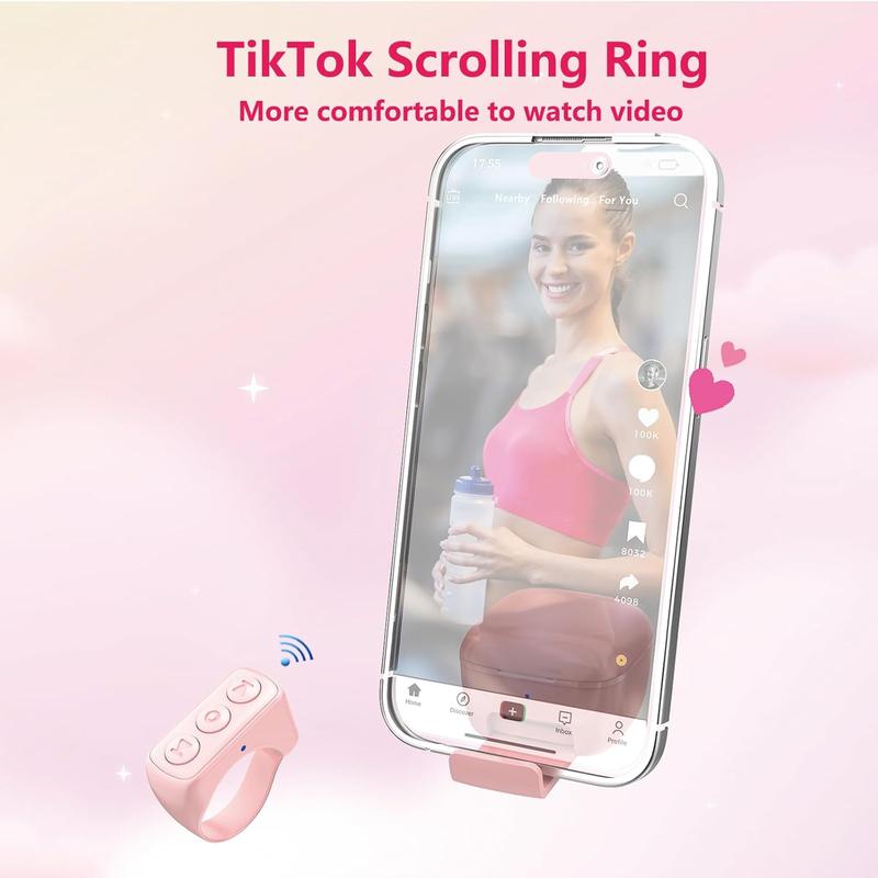 TikTok Scrolling Ring with Phone Stand, Remote Control for TikTok, Bluetooth Page Turner for iPad Kindle App iPhone Android, Finger Scroller, Pink tiktok  remote