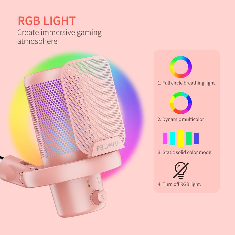 FEELWORLD VM1 Pink Gaming PC USB Microphone Condenser Mic with Boom Arm Stand Noise Cancellation RGB Light Mute, Computer Accessories for Gamer YouTube Twitch Podcast Streaming Recording Chat PS4 PS5