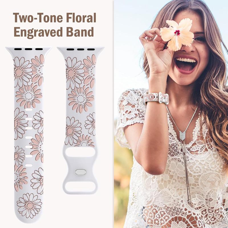 Floral Engraved Band Compatible with Apple Watch Band 40mm 38mm 41mm 42mm 44mm 45mm 46mm 49mm, Soft Silicone Cute Two-Tone Flower Sport Strap for iWatch Bands Women Series 10 9 8 7 6 5 4 3 2 1 SE Ultra Ultra 2 Wearable