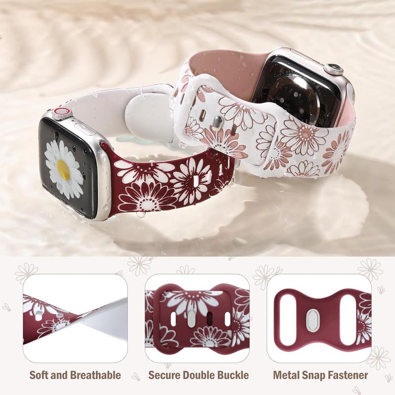 Floral Engraved Band Compatible with Apple Watch Band 40mm 38mm 41mm 42mm 44mm 45mm 46mm 49mm, Soft Silicone Cute Two-Tone Flower Sport Strap for iWatch Bands Women Series 10 9 8 7 6 5 4 3 2 1 SE Ultra Ultra 2 Wearable