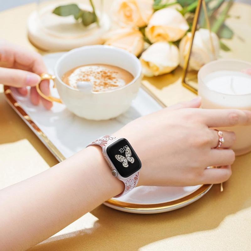 Floral Engraved Band Compatible with Apple Watch Band 40mm 38mm 41mm 42mm 44mm 45mm 46mm 49mm, Soft Silicone Cute Two-Tone Flower Sport Strap for iWatch Bands Women Series 10 9 8 7 6 5 4 3 2 1 SE Ultra Ultra 2 Wearable