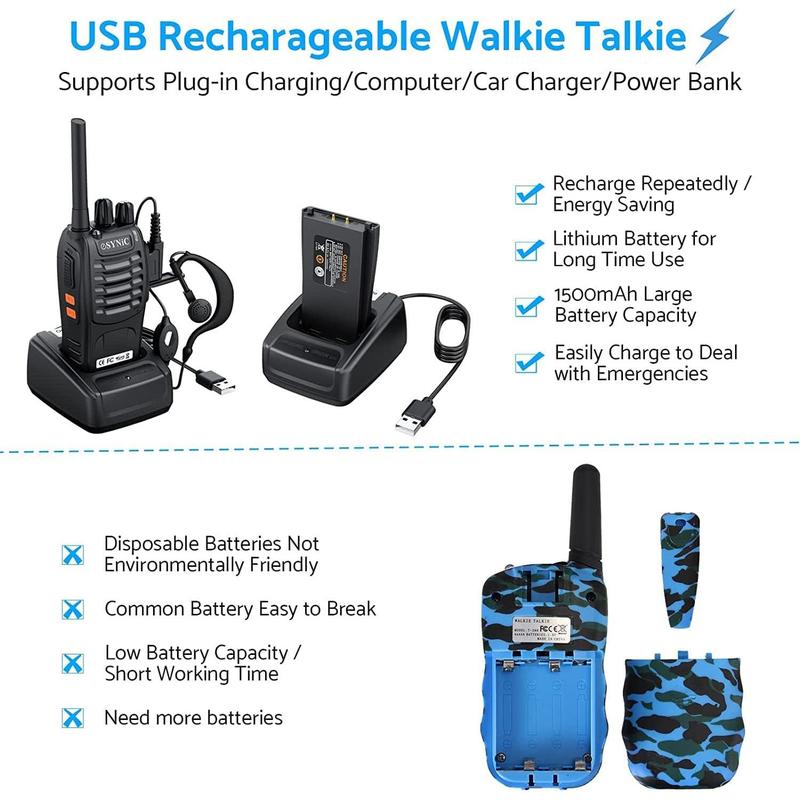 eSynic 4Pcs Professional Walkie Talkies Rechargeable Long Range 2 Way Radio Portable Walkie Talkies Supports VOX & 16CH Walky Talky with LED Light Earpieces for Activity etc Audio Mother's Day Gift