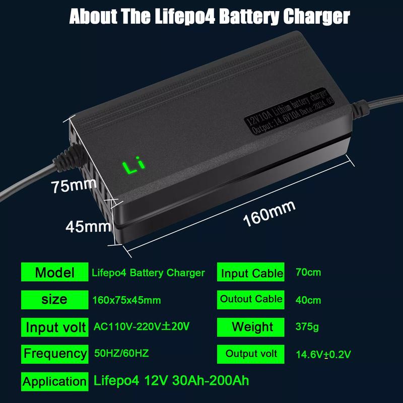 14.6V 10A Smart Fast Charger for Lithium Iron Phosphate (LiFePO4) Battery