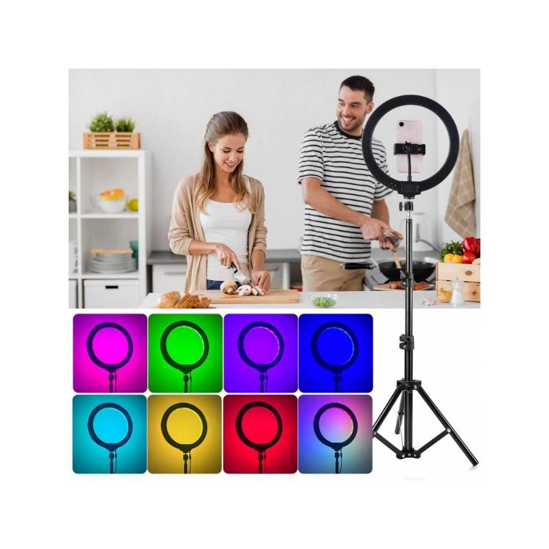 10 Inch Professional Selfie Ring Light With Stand -55.5 Inches High, 38 Color Modes, Stepless Dimming, Speed LED, Adjustable Phone