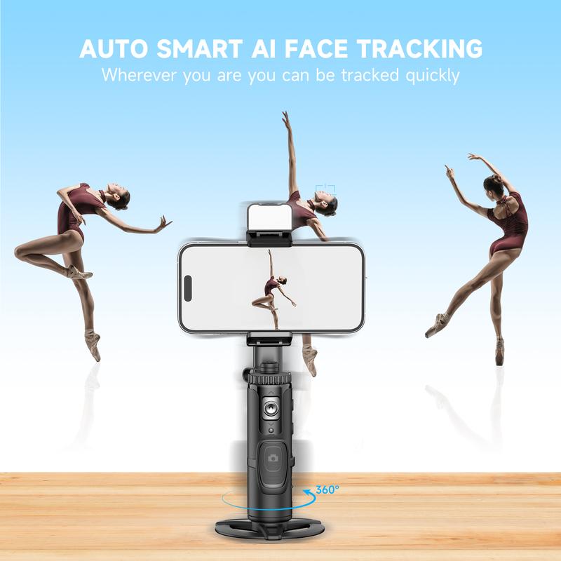 AI Auto Face Tracking Tripod, 360° Rotating Selfie Stick Gimbal Stabilizer with LED Light, No App Required, Remote & Gesture Control, Rechargeable Smart Shooting Stand for Live Video, TikTok, and More (Black) - Phone Clip, Digital Cellphone Accessories