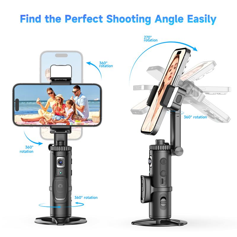 AI Auto Face Tracking Tripod, 360° Rotating Selfie Stick Gimbal Stabilizer with LED Light, No App Required, Remote & Gesture Control, Rechargeable Smart Shooting Stand for Live Video, TikTok, and More (Black) - Phone Clip, Digital Cellphone Accessories