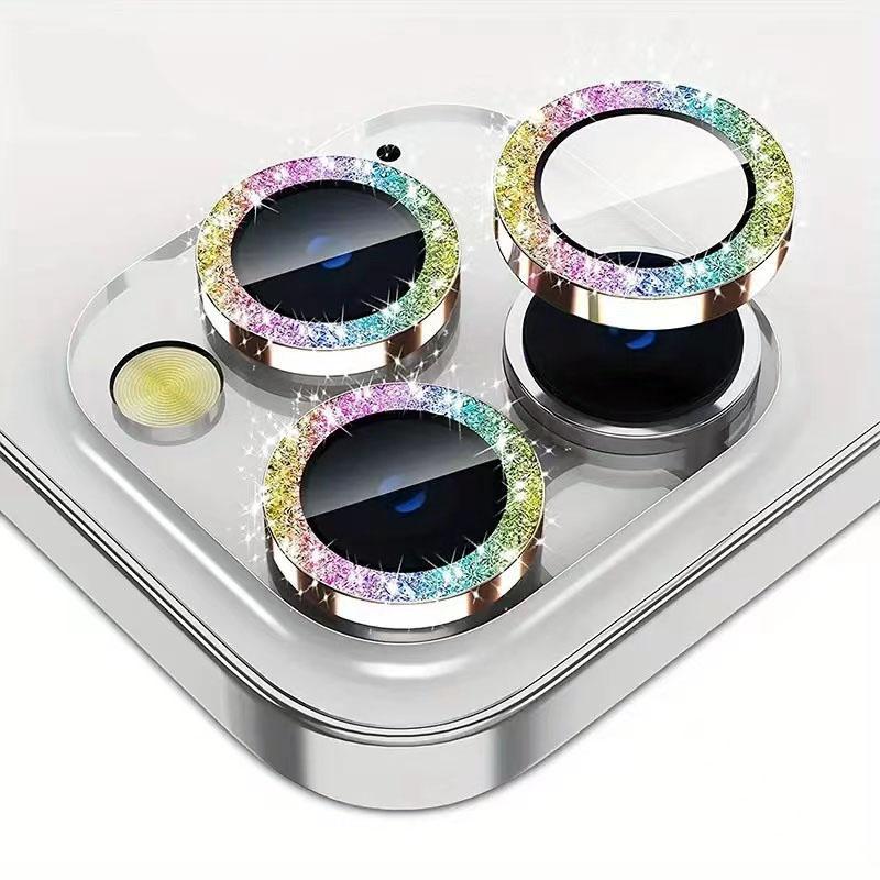 Glitter Ring Camera Lens Protector, Diamond-shaped Camera Lens Protective Film, Full Coverage Lens Cover Compatible With iPhone 16, 15, 14, iPhone 13, 12, 11 Series, Men Gifts