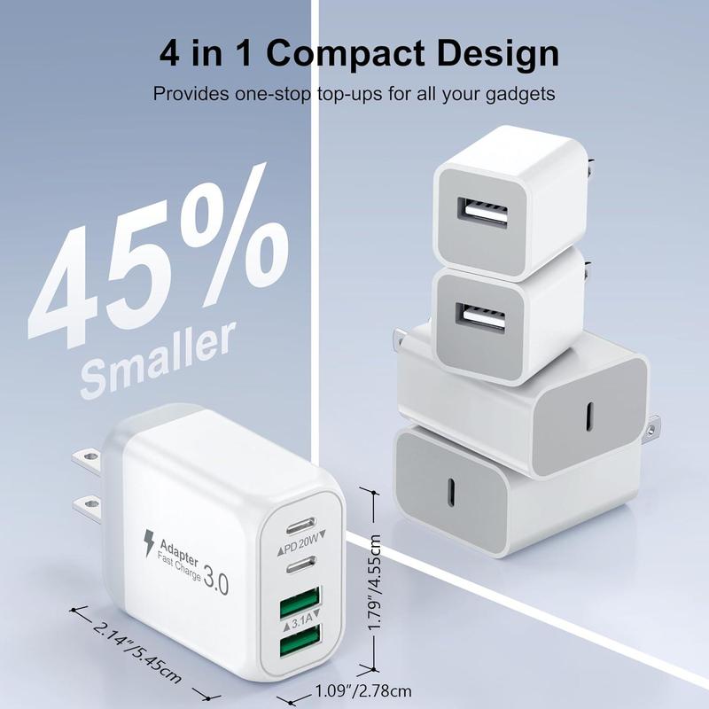 USB C Charger Block,50W 5 Port USB C Charger Fast Charging Blocks Cube Brick, Type C Charging Brick Cube Plug for iPhone 16 15 14 13 12 Pro Max SE XS XR Galaxy Tablet 4n1  charger Adapter Cable