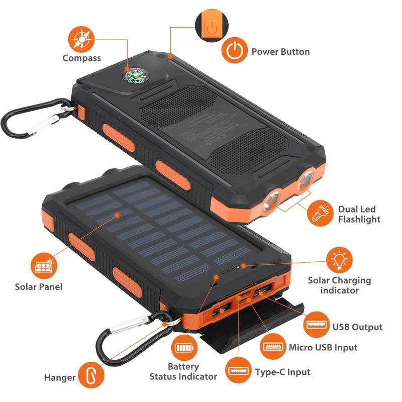 20000mAh Solar Charger Power Bank with Dual USB Ports & LED Flashlight , Portable Smartphone Charging Station, Waterproof Battery Pack Compatible with iPhone 15 14 13 12 11 Series, AirPods, iWatch & Samsung 24 23 22 21