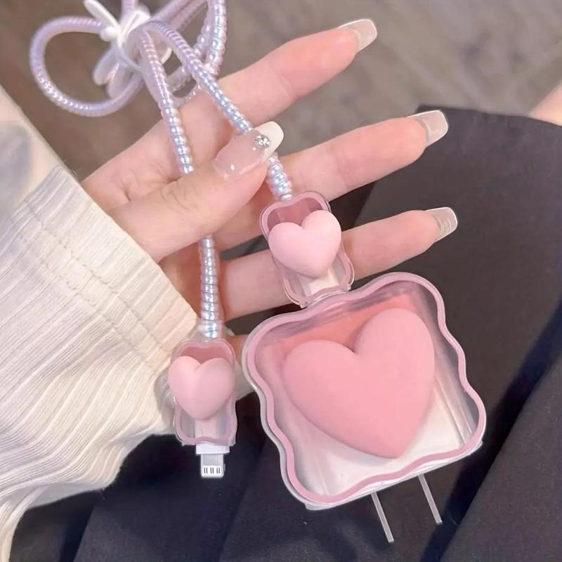 Halloween Gifts, Heart Decor Data Cable Protector & Portable Charger Head Cover Set for Summer Gift, Smartphone Handheld Cell Phone Charger Protective Sleeve Set, Fashion Phone Accessories Compatible with iPhone 18w 20w Fast Charger