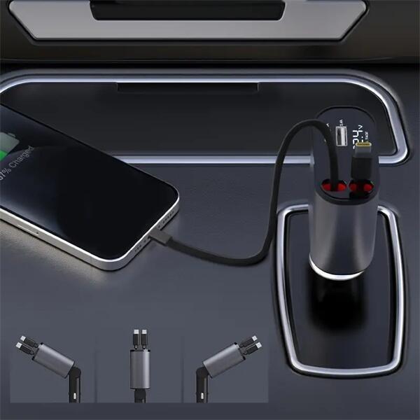 4 in 1 Retractable Car Charger with Multi-Fast Charging Protocols for iPhone, Samsung Galaxy, and Google Devices - Max100W Cable Cellphone Multi-Port Fast  Car Charger with Retractable Cable