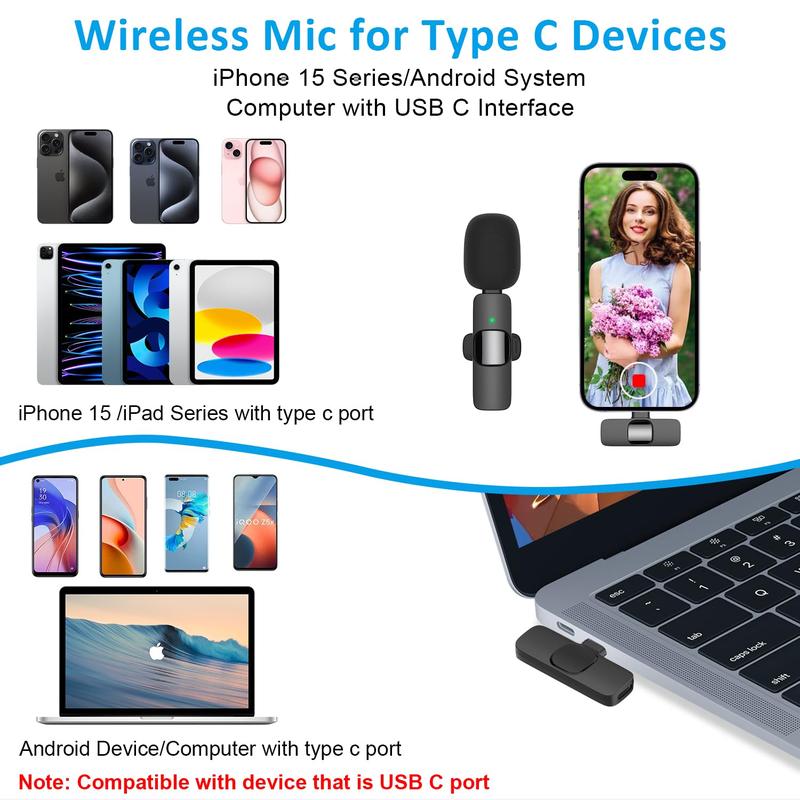 2 Pack Professional Wireless Lavalier Microphone for iPhone 15 Series Android Computer - Bluetooth Mini Phone Microphones for Video Recording - 2 Clip on Mics with USB C Interface for Tiktok YouTube Vlog Audio Smartphone mic for