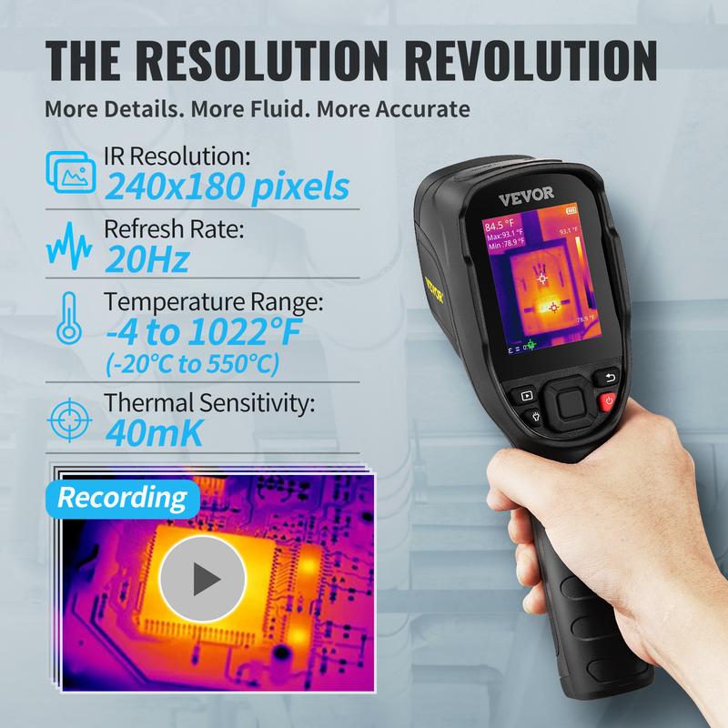 VEVOR Thermal Imaging Camera, 240x180 IR Resolution with 2MP Visual Camera, 20Hz Refresh Rate Infrared Camera with -4℉~1022℉ Temperature Range, 64G Built-in SD Card and Rechargeable Li-ion Battery Audio Cable