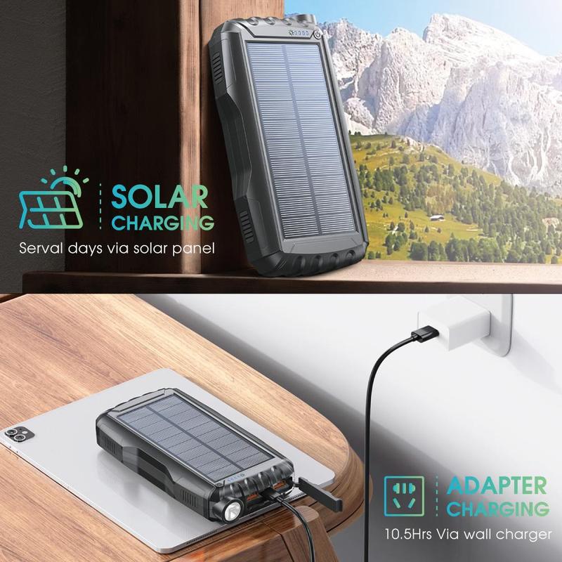 20000mAh Solar Powered Power Bank, Waterproof & Dustproof Large Capacity Power Bank with Bright Flashlight, Power Bank for iPhone Galaxy Galaxy