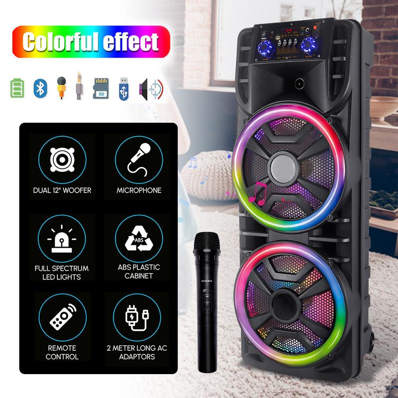 Dual 12 inch Karaoke Speaker System Portable Party Box Loud Big Speaker Wireless Bluetooth TWS Rechargeable FM Radio Remote Control Microphone LED Lighting