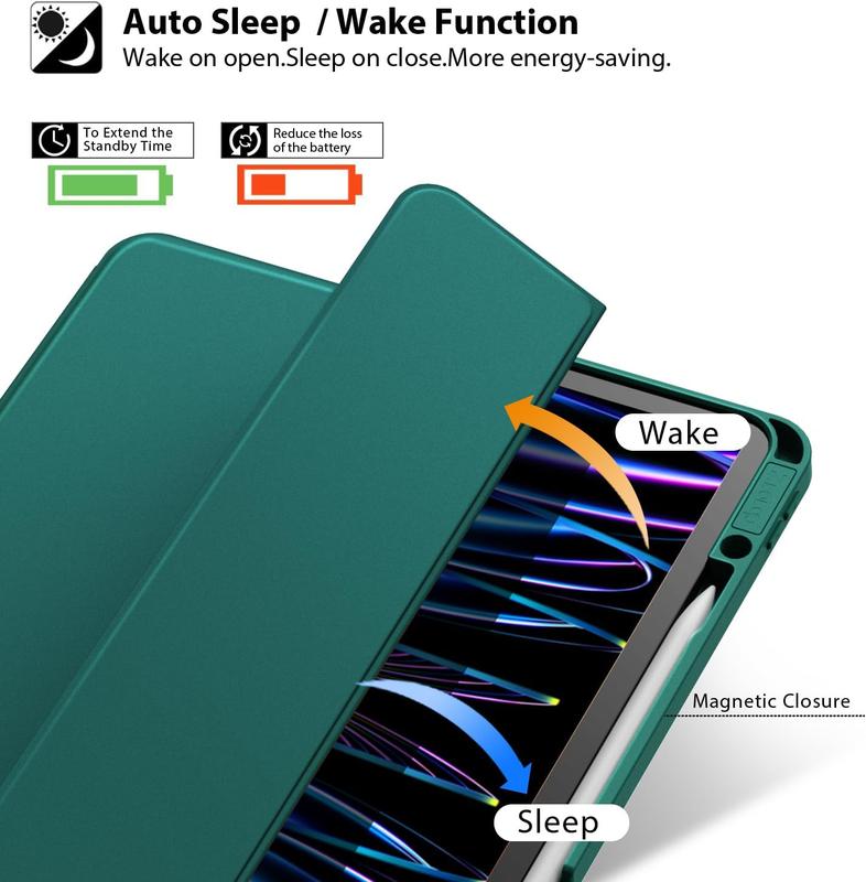 for iPad Pro 12.9 Inch Case 6th 5th 4th 3rd Generation 2022 2021 2020 2018 with Pencil Holder, Slim Soft TPU  Tablet Cover+Auto Sleep Wake, Support 2nd Gen Pencil , Ink Green