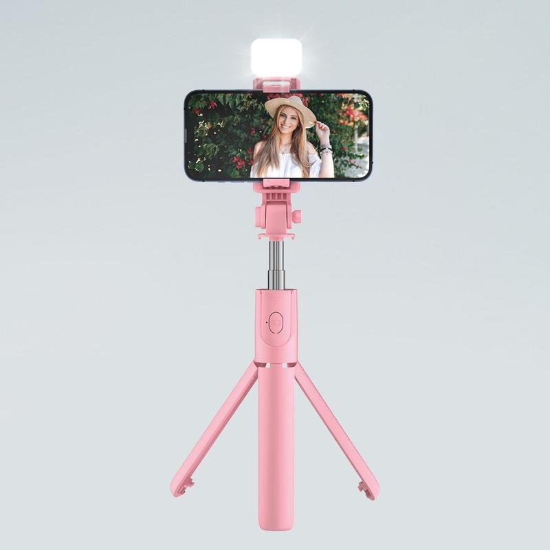 Wireless Selfie Stick with Rechargeable Flash Light & Remote Control, Multifunctional Phone Holder for Live Streaming, Travel & Photography