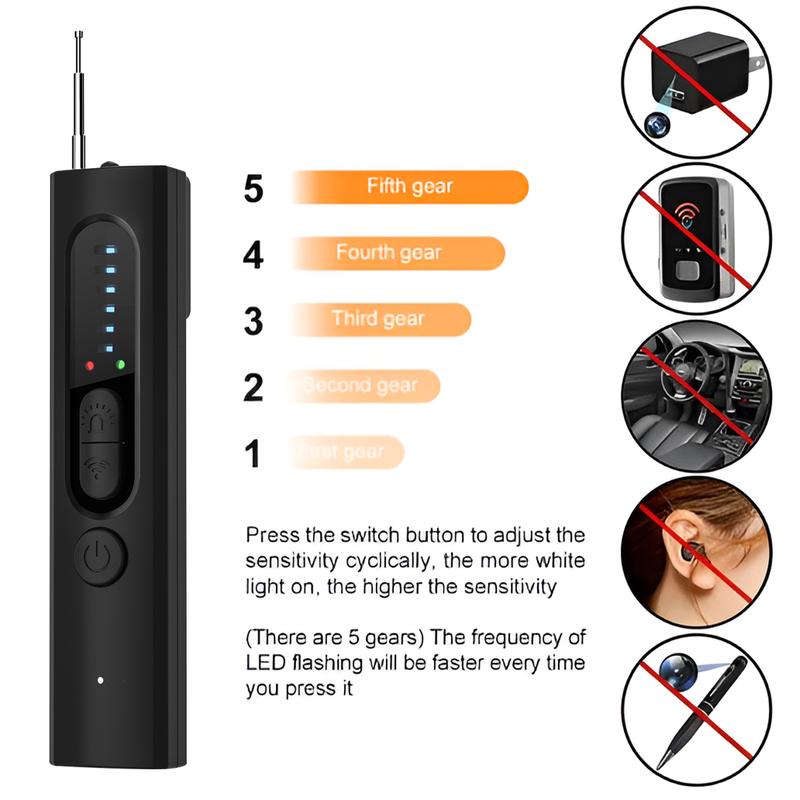 Hidden Spy Detector: 5-Sensitivity, 4 Modes Anti-Spy Camera, GPS, Bug Finder. Wireless Rechargeable for Travel, Home, Car. 30H Battery, Secure Your Privacy. Card Charging Magnetic Security