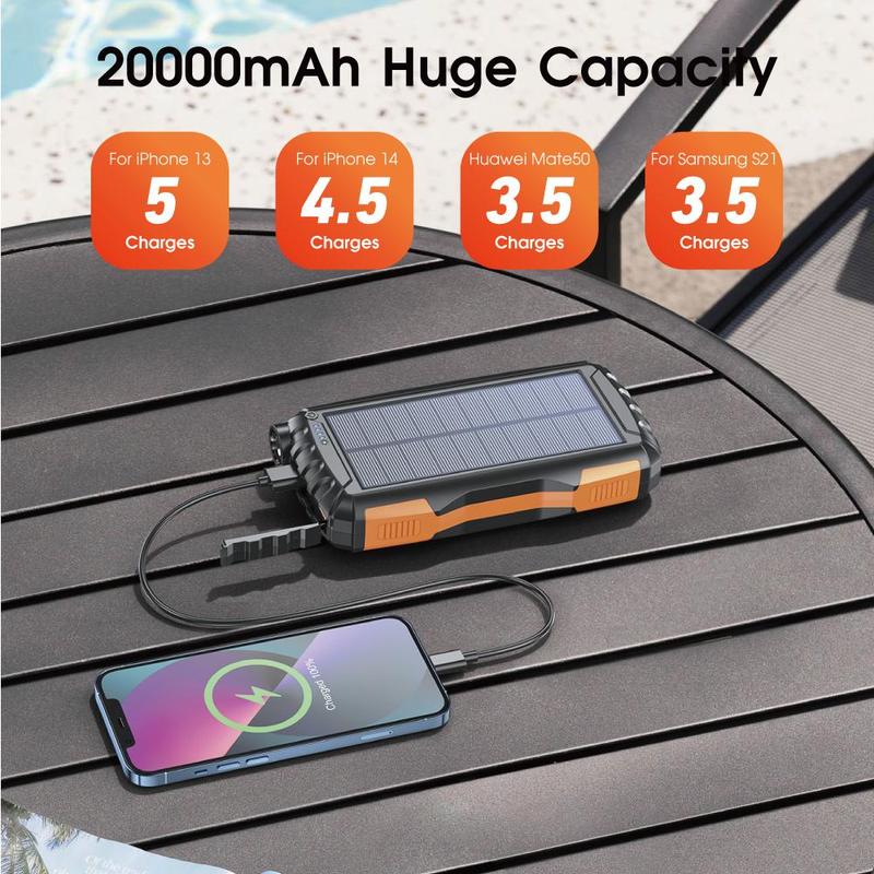 20000mAh Solar Powered Power Bank, Waterproof & Dustproof Large Capacity Power Bank with Bright Flashlight, Power Bank for iPhone Galaxy Galaxy