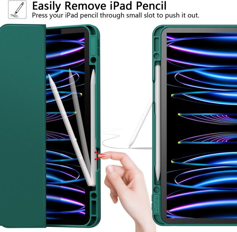 for iPad Pro 12.9 Inch Case 6th 5th 4th 3rd Generation 2022 2021 2020 2018 with Pencil Holder, Slim Soft TPU  Tablet Cover+Auto Sleep Wake, Support 2nd Gen Pencil , Ink Green