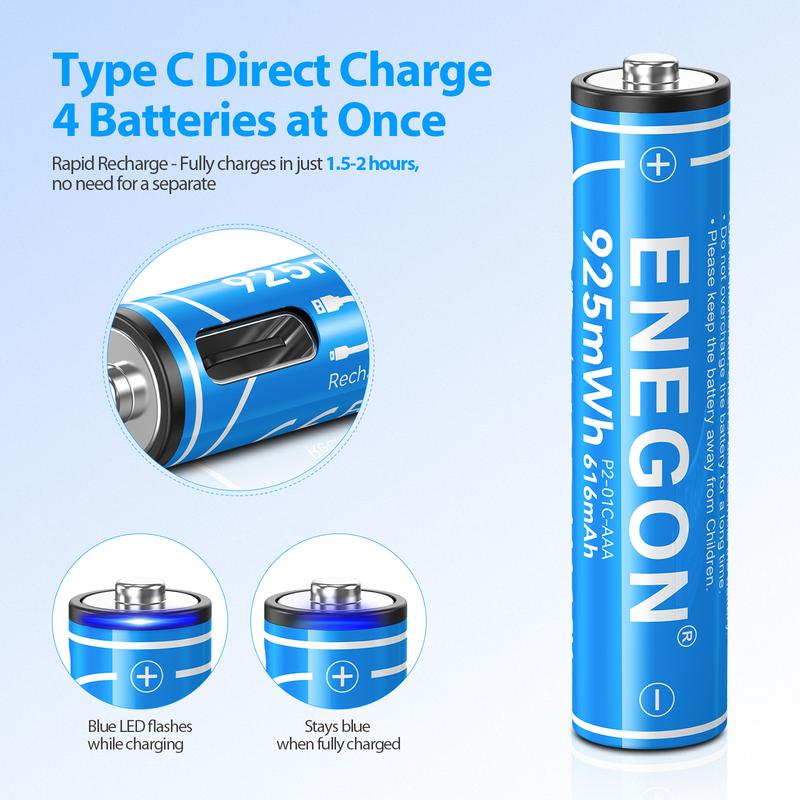 ENEGON 4-Pack AA AAA Type-C Rechargeable Li-ion Battery Charging with 2-in-1 type-C charging cable Quick charge in 2 hours  for Mouse,Voice recorder,Electric toothbrush,Remode control,calculator,Toy car,Game controller,Alarm clock