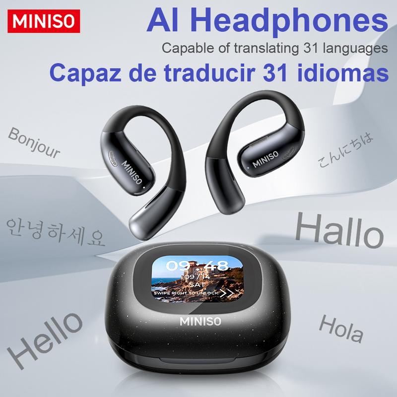 MINISO MS182 AI Headphones OWS Translation Wireless Bluetooth Earbuds HIFI Sound Quality Support 31 Languages Real Time Bluetooth Translation Earphones Support Playing Music Phone Calls Headphones Full Color Display Touch Screen Built-in Microphone