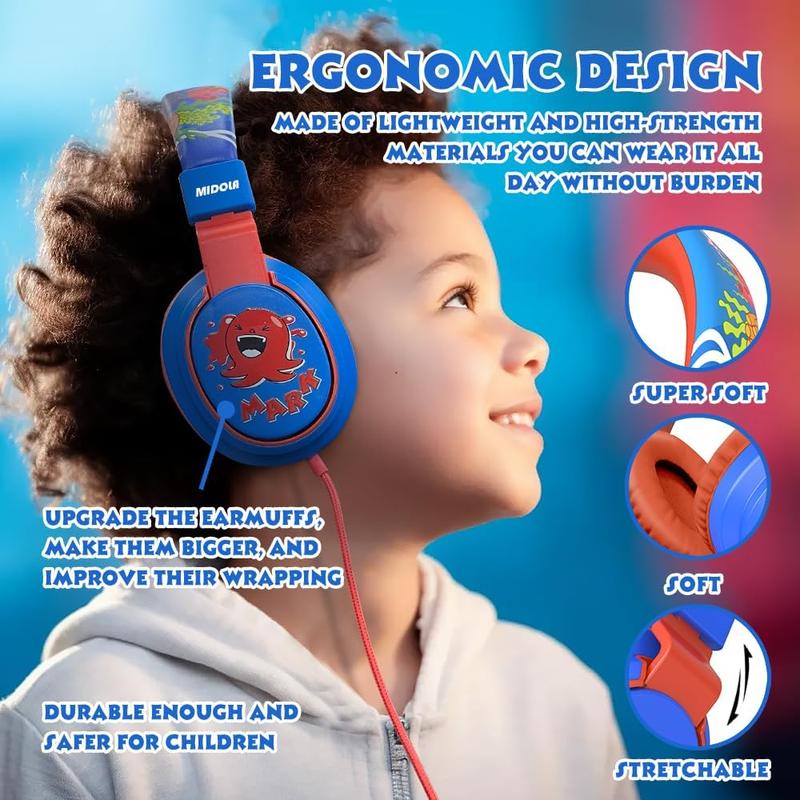 Headphones Volume Limited 85 110dB for Over-Ear Foldable Sound Protection Headset with Mic Inline AUX 3.5mm Cord for  School Travel Tablet Pad Notebook Cartoon Blue