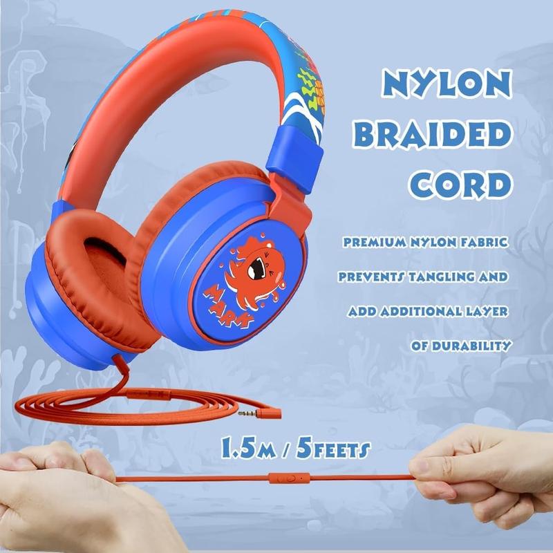 Headphones Volume Limited 85 110dB for Over-Ear Foldable Sound Protection Headset with Mic Inline AUX 3.5mm Cord for  School Travel Tablet Pad Notebook Cartoon Blue