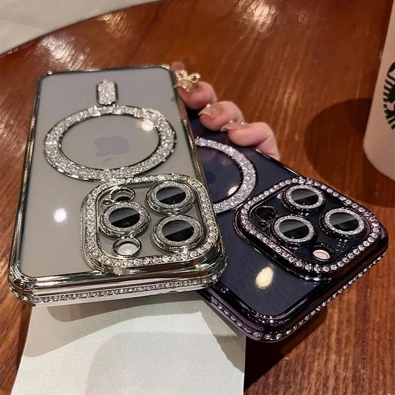 Fashion Luxury Glitter Diamond Transparent Case iPhone 15 14 13 12 11 16 Pro Max Plus Magnetic Wireless Charge Bumper Cover