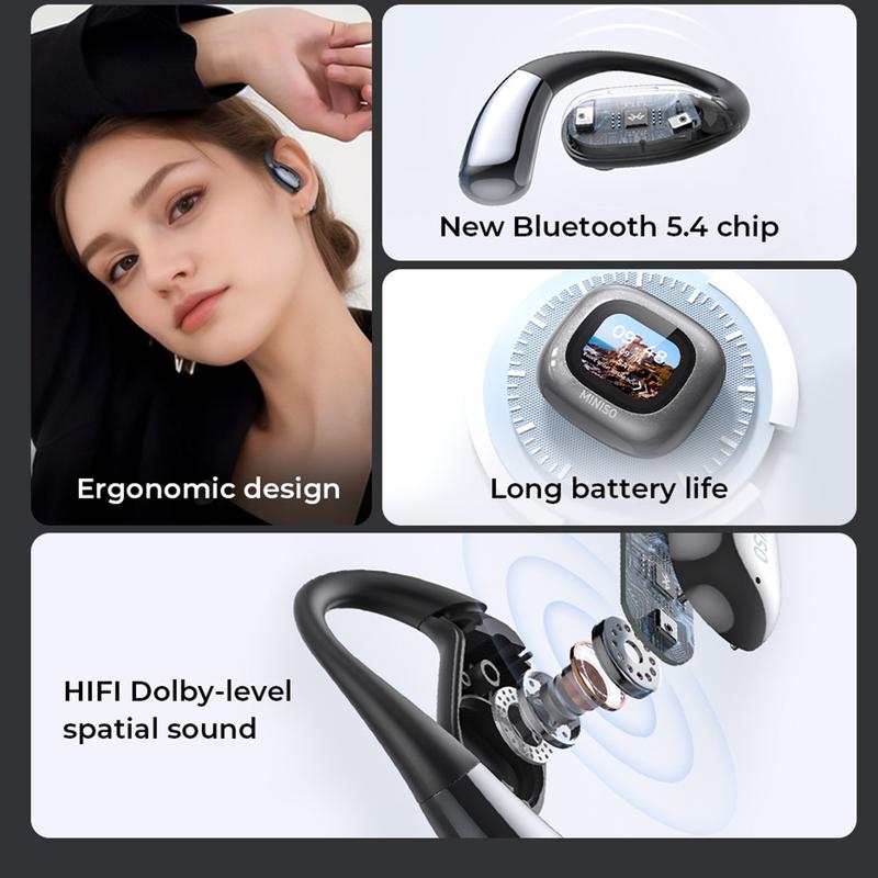 MINISO MS182 AI Headphones OWS Translation Wireless Bluetooth Earbuds HIFI Sound Quality Support 31 Languages Real Time Bluetooth Translation Earphones Support Playing Music Phone Calls Headphones Full Color Display Touch Screen Built-in Microphone